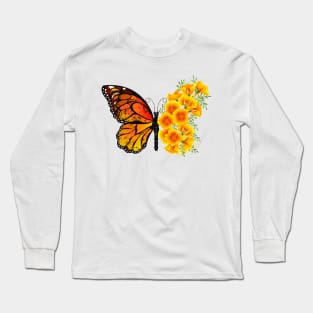 Flower Butterfly with Yellow California Poppy Long Sleeve T-Shirt